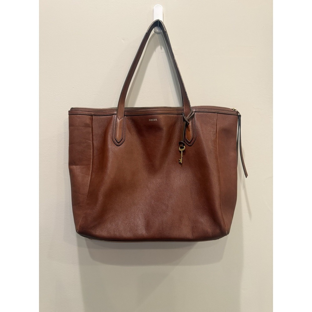 FOSSIL 17"x12"x4" Cognac LEATHER Sydney Shoulder Bag HANDBAG Purse Satchel Read